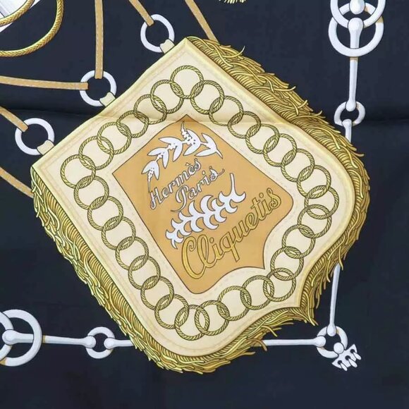 Auth HERMES Carre 90 Cliquetis Scarf Black/Gold/White Silk - e60123a - Picture 3 of 8